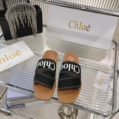 WOODY MULE IN BLACK DENIM WITH WHITE LOGO