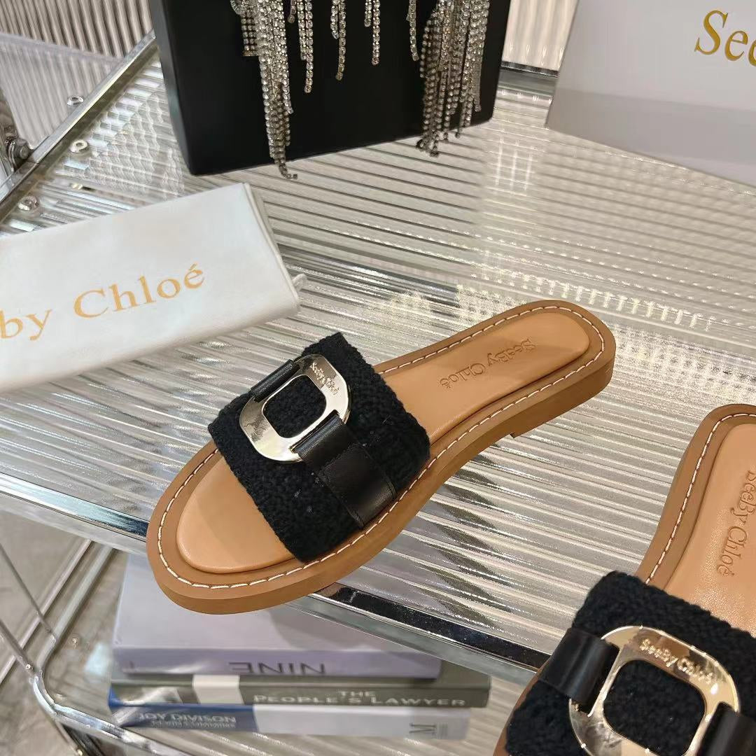 WOVEN SLIDE MULE IN BLACK WOOL AND BROWN LAMBSKIN GOLD HARDWARE