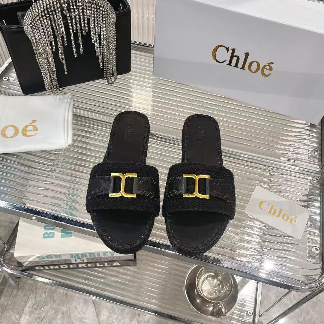 WOVEN SLIPPER IN BLACK WOOL AND LAMBSKIN GOLD HARDWARE