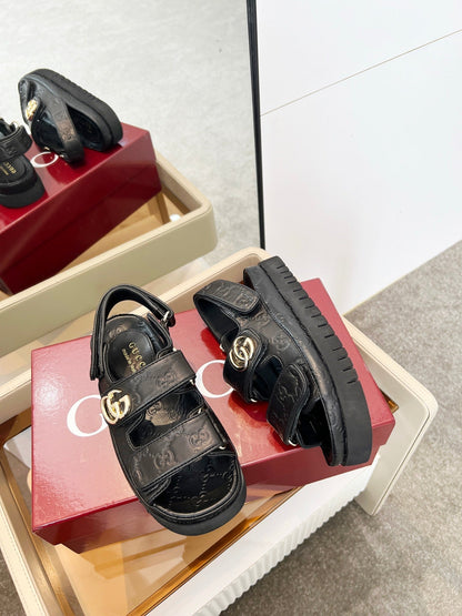 VELCRO STRAP SANDALS IN BLACK EMBOSSED LOGO LAMBSKIN GOLD HARDWARE