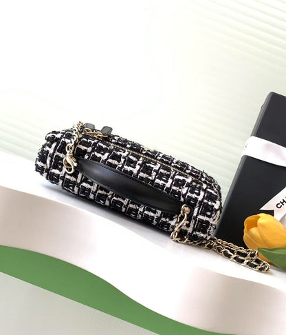 VANITY CASE 19 IN BLACK MIX WHITE QUILTED TWEED GOLD HARDWARE