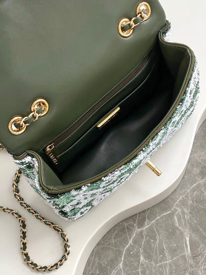 FLAP BAG 21 IN BASIL GREEN MIX WHITE SHINY SEQUINS GOLD HARDWARE