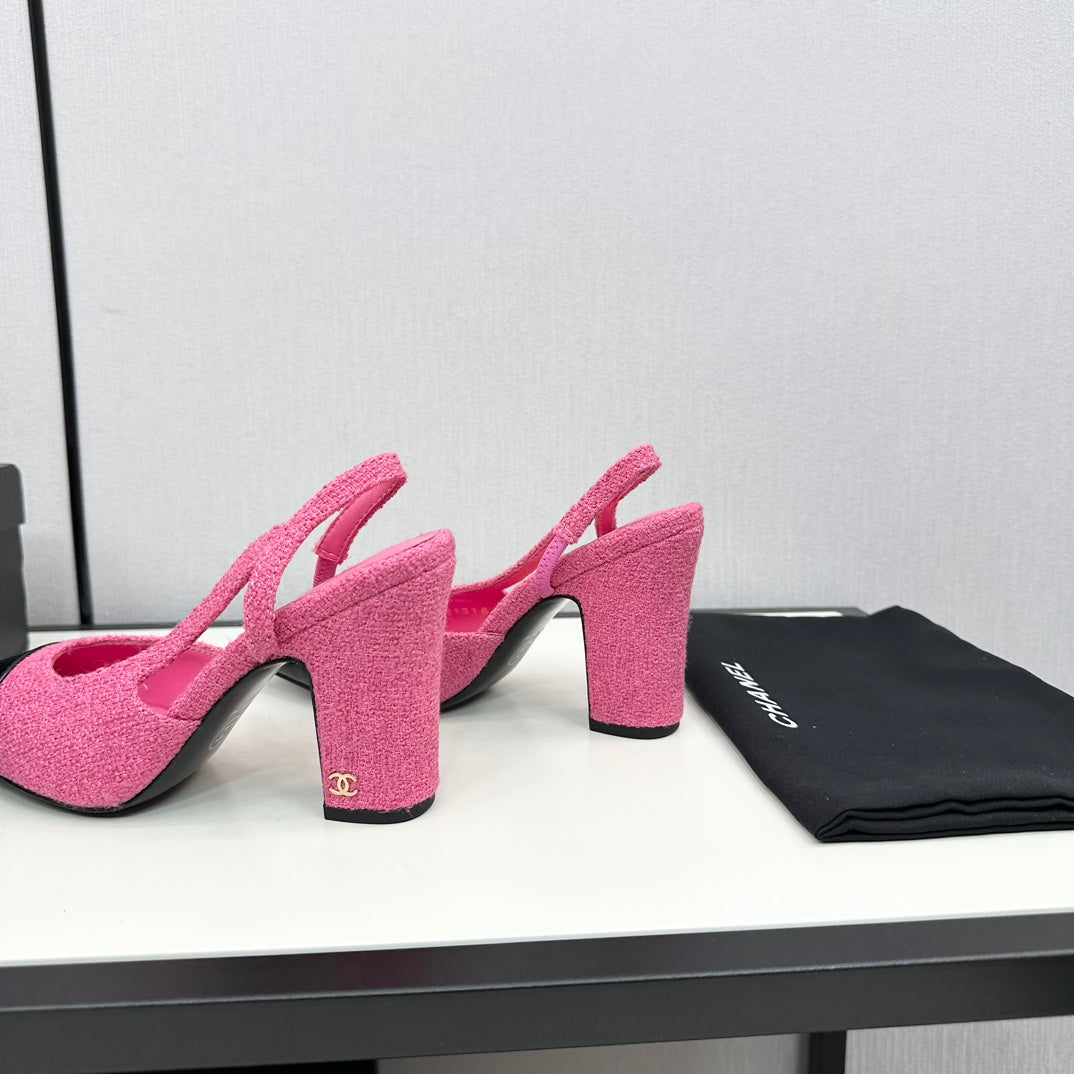 HIGH SLINGBACK BRIGHT PINK TWEED AND BLACK CALFSKIN
