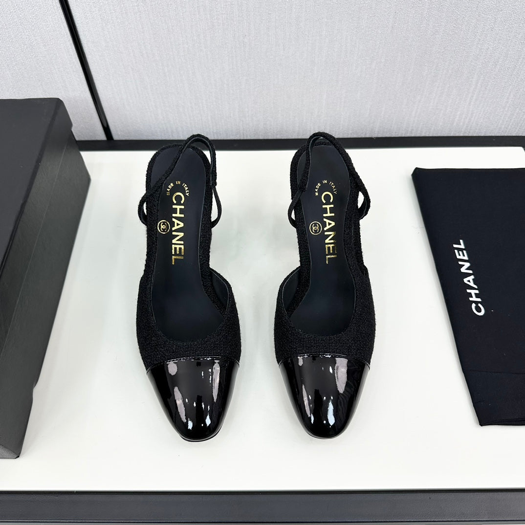 HIGH SLINGBACK BLACK TWEED AND CALFSKIN