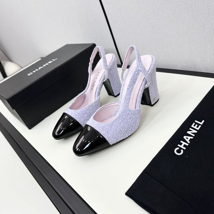 HIGH SLINGBACK LIGHT BLUE TWEED AND BLACK CALFSKIN