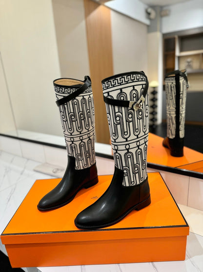JUMPING BOOT 2 CM IN BLACK CALFSKIN AND BLACK MIX WHITE FABRIC