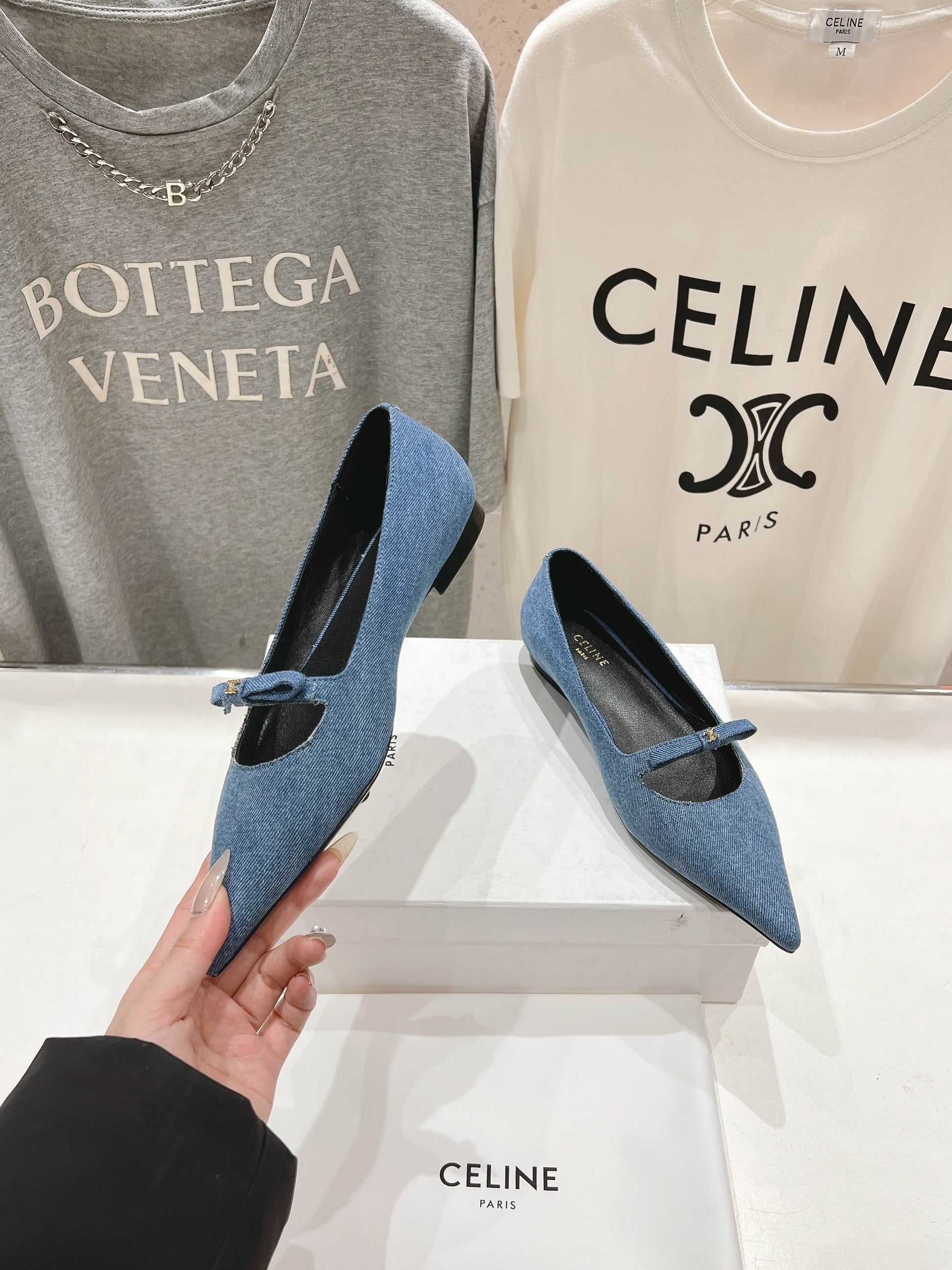SUZY POINTY TOE BALLERINA IN BLUE DENIM