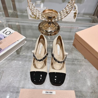 MARY JANE SANDAL CAP TOE BRIGHT CREAM SHEEPSKIN - HIGH HEEL